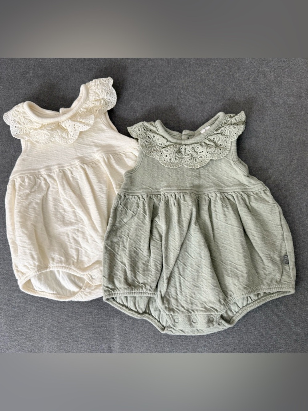 Baby Girl Lace Collar Romper - Cream and Sage (Set of 2)